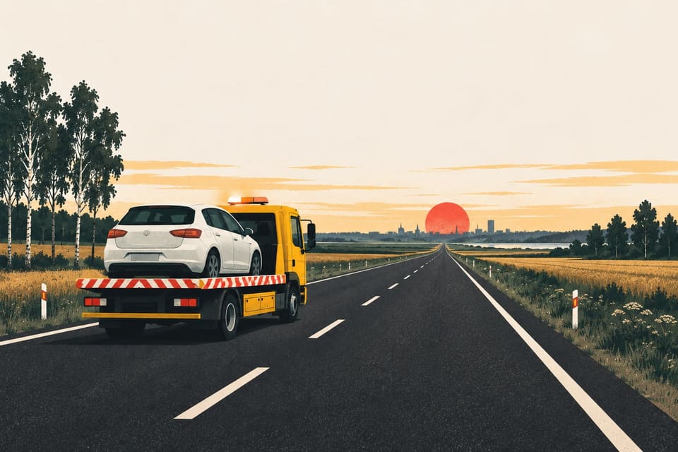 Ilustrācija: evakuators ar auto uz gara ceļa pāri Latvijas līdzenumam